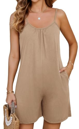 Niwicee Salopette da donna casual allentate in morbido cotone e lino tuta da donna con spalline regolabili con tasche-Cachi-XL