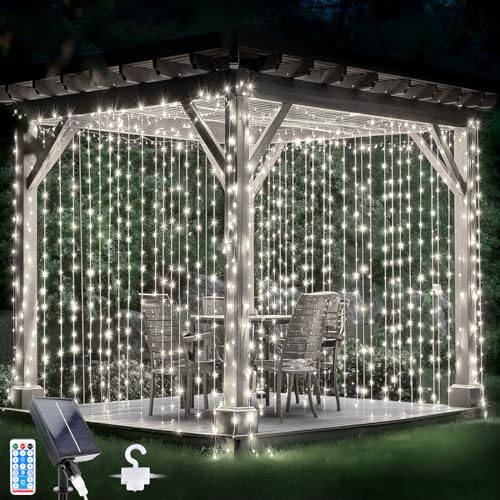 Glaxcidy Lichtervorhang Innen 3mx3m, 300 LEDs Solarvorhang Licht 8 Modi mit Fernbedienung, Wasserdichte Lichterkette Gardine für Innen Deko, Weihnachten, Schlafzimmer, Party, Weiß