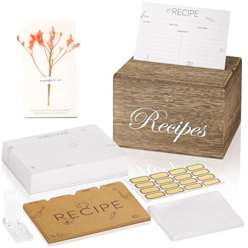 Villada Rezeptbox, Rezeptkarten und Box Set mit 16 Trennwänden, 100 Rezeptkarte, Rezeptbox aus Holz für Geburtstag, Einweihung, Hochzeitsgeschenk