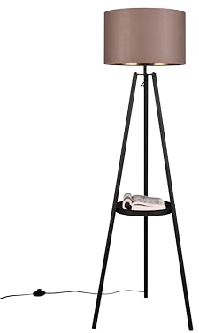 lightling Stehlampe Coby mit Ablagefläche, Fußschalter, Stoffschirm in Schwarz-Gold, exkl. 1 x E27 max. 60W, Ø 57 cm, Höhe 152 cm, Dreibein in coffee