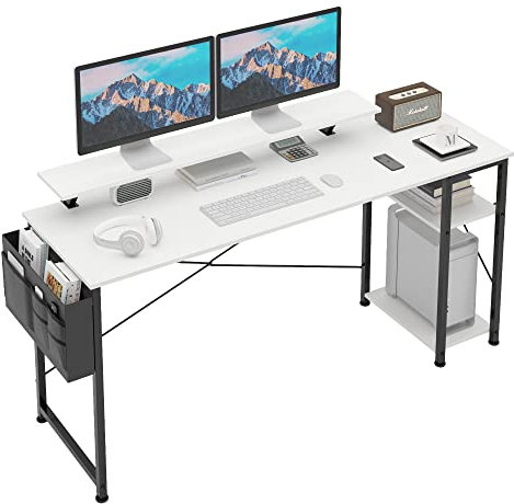 CAIYUN 160cm Computer Desk with Monitor Stand & 2-Tier Storage Shelves, Home Office Writing Desk Study Table Workstation, White