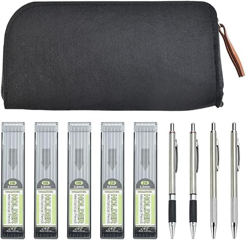 DTYGUIXE 4 Stück Druckbleistift Set, Bleistifte mit Dicker Mine, Automatisch Minenbleistift, 2 X 2B Druckbleistift Minen, 3 X HB Mechanische Stifte Minen mit Mäppchen zum Schreiben, Zeichnen