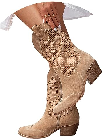 Stivali da cowboy da donna stivaletti in pelle scamosciata stivali western alti alla caviglia stivali a punta con tacco basso stivali mezze lunghezze in pelle scamosciata traforata scarpe da donna