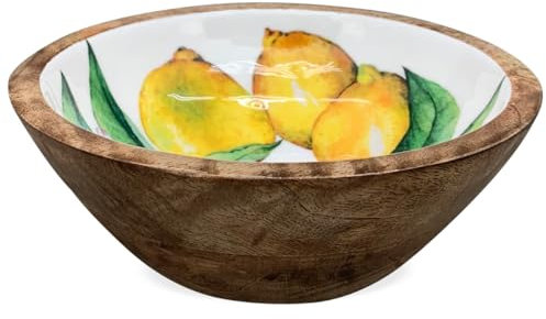 Bol à céréales au citron en bois - Motif italien - Bol profond comme bol à fruits, saladier, porte-clés - Blanc marron - Assiette creuse 25 x 10 cm - Bol à sauce - Décoration de cuisine