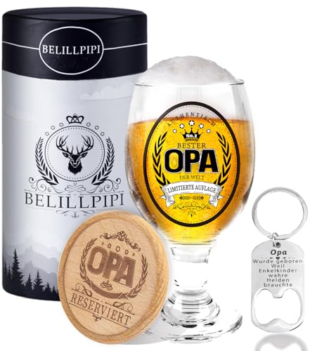Belillpipi Opa Geschenk, Geburtstagsgeschenk für Opa, Bierglas Mit Gravur, Geschenke für Opa mit Untersetzer,Flaschenöffner, Weihnachtsgeschenke für Männer, Geschenk Set zum Vatertag, Weihnachten