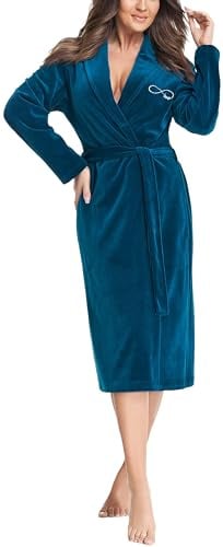 Aquarti Damen Velours Bademantel Nicki Morgenmantel mit Schalkragen zum Binden, Farbe: Meeresgrün, Größe: XL