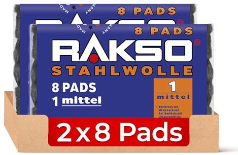 RAKSO Stahlwolle mittel 1-16 Pads - 2x8 Stk. glättet Holz, entfernt alten Lack von Antikmöbeln, säubert Hartgummiböden