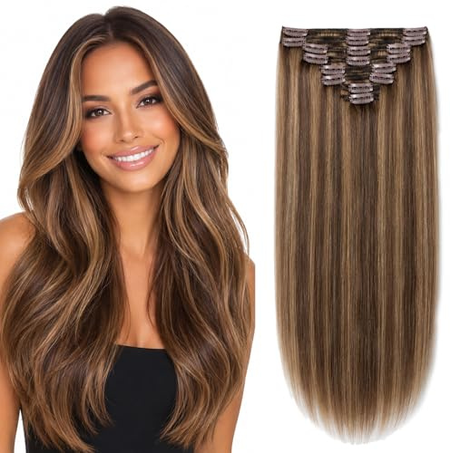 Elailite Double Weft Clip in Hair Extensions Real Human Hair Thick 8 Pieces Full Head Straight - #4/27 Medium Brown Mix Dark Blonde - 24 Inch (170 g)