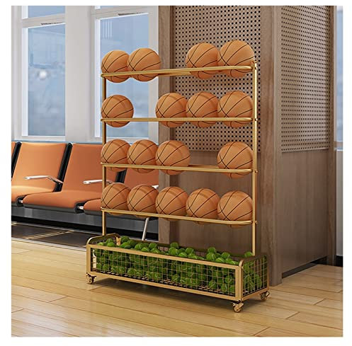 MYVVKIA Sports Ball Storage Stand 5 Tier Rolling Sports Ball Storage Cart on Wheels, Floor Standing Commercial Basketball Soccer Tennis Ball Equipment Organizers Rack Holder, La