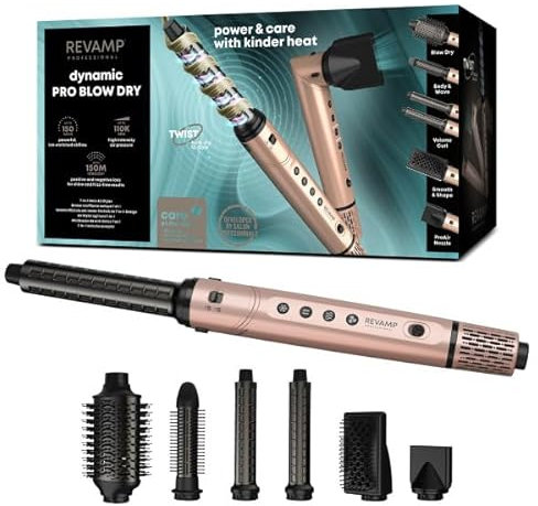 REVAMP Dynamic Radiance Pro Blow Dry Styler 7 en 1 – Motor Brushless, Secado Rápido, Volumen, Cepillo Retráctil, Rizos Automáticos, 6 Accesorios de Estilo, Bolsa de Belleza