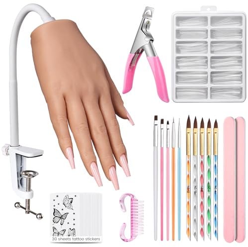 Wilfniee Silicone Practice Hand for Acrylic Nails With Removable DIY Tattoo Stickers Flexible Silicone Hand for Nail Practice - Realistic Nail Mannequin Hand to Practice Acrylic Nails for Beginners