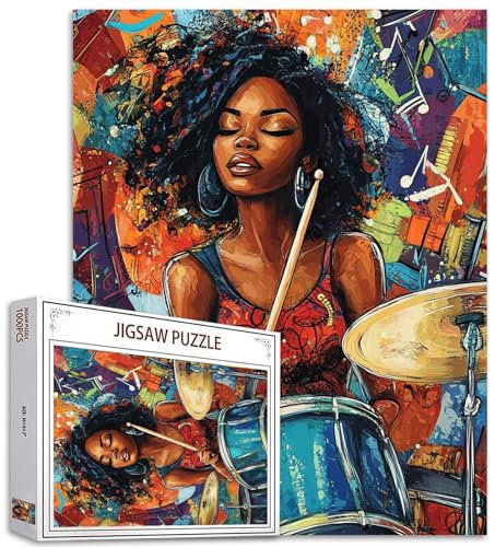 Rock and Roll Girl 1000 Piece Jigsaw Puzzles für Erwachsene Black Woman Musican Painting Jigsaw Puzzle Africa Female 1000 Pieces Puzzles Game Girl Playing Musical Equipment Wall Decor DIY Craft Puzzle