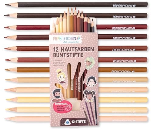 Papierdrachen 12 Buntstifte - Hautfarben – satte Farben – Set - Holz – dreieckig – bruchsicher – Schule - Kindergarten – Malen – Kinder