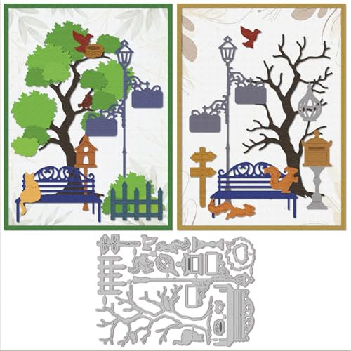 GLOBLELAND Frühling Stanzformen Mit Saisonalem Parkbaum Metall Straßenlaternenschild Briefkastenbank Stanz Und Prägeschablone Vogelkäfig Eichhörnchen Papierstanzungen Für Scrapbooking Papierkarten