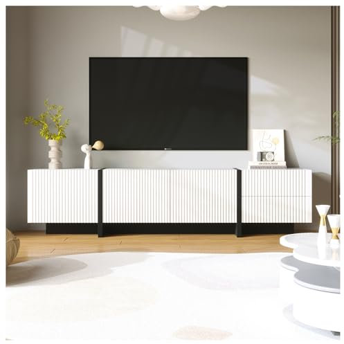 Wyibwy Mobile TV 190 cm, 3 ante, 2 cassetti, bianco con venature oro e legno, mobile tv soggiorno