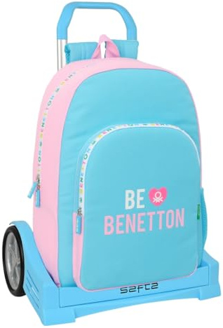 safta BENETTON UNIQUE Schulrucksack mit Trolley Evolution, ideal für Kinder verschiedener Altersgruppen, bequem und vielseitig, Qualität und Widerstandsfähigkeit, Türkis/Hellrosa, M, Casual