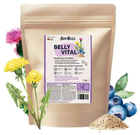 BugBell 7kg BellyVital Premium Trockenfutter fettarm mit Insektenprotein | Fettreduziertes Trockenfutter für Hunde - Verdauung & Darmflora mit Löwenzahn - Hundefutter trocken mit Präbiotika