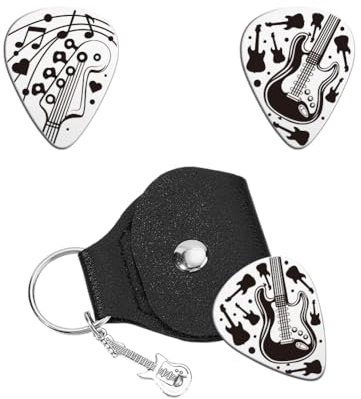 UNICRAFTALE 2 Stück Gitarrenplektren Geschenke Edelstahl Gitarrenplektren Musiknoten Plektren Gitarrenset Mit PU Ledertasche Gitarrenmuster Personalisierte Plektren Gitarrenzubehör Für Gitarrenspieler