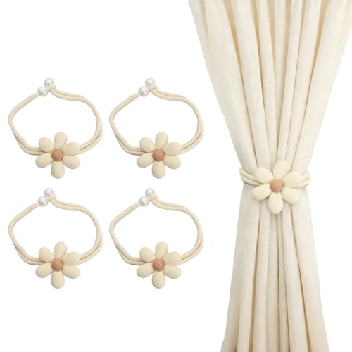 Rieoany 4 Pack Curtain Tie Backs, Tie Backs for Curtains Flower Rope, Cotton and Linen Curtain Tiebacks, Suitable for Home, Office, Living Room, Bedroom Decoration(Off White)