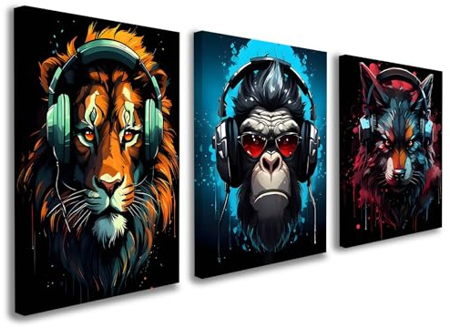 Set of 3 Framed Canvas Wall Art 12x16 Inch Each Music Animal Artwork Lion Gorilla Wolf Modern Wall Canvas Pictures for Living Room Bedroom Gaming Room Wall Decoration Prints with Hooks and Magic Tape