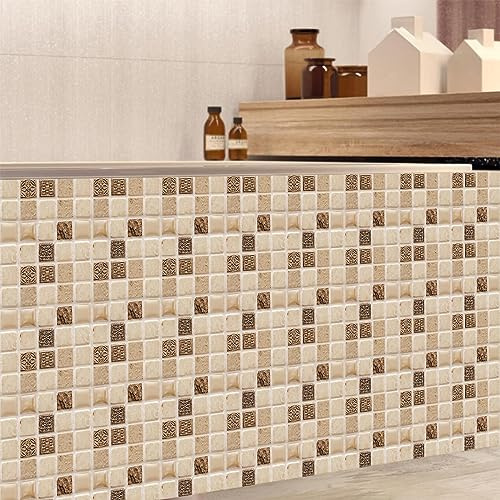 Klebefliesen Braun Beige Mosaik Klebefolie Fliesen Vinyl für Küche Esszimmer Schrank Kamin Deko Küchenrückwand Fliesenaufkleber Bad Wasserfest Selbstklebende Fliesen 20x20cm /10 Stück