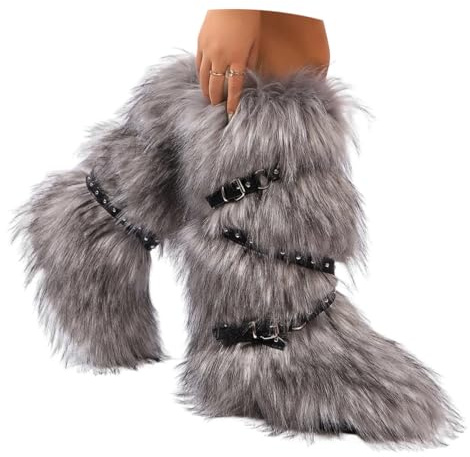 ORANDESIGNE Femme Bottine en Peluche Fourrure Hiver Bottes de Neige Plate Bottines Fourrées Y2K avec Boucle de Ceinture A Gris Clair 39 EU