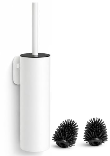 White Wall Mounted Toilet Brush & Holder – Silicone Toilet Brush, Matte White 304 Stainless Steel, Self-Adhesive or Screw Fixing, 2 Replacement Heads