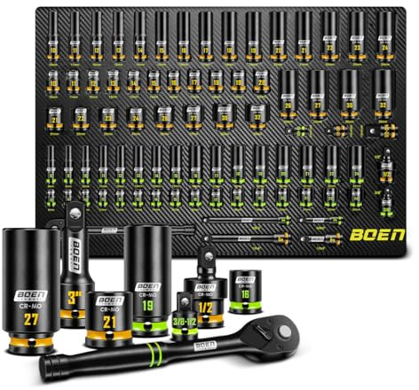 BOEN Pro 80-Pieces 1/2 & 3/8 Drive Master Impact Socket Set, 6 Point Metric Deep & Shallow Sockets (8-32mm), Cr-Mo, Includes 1/2 Drive 90-Tooth Ratchet Wrench for High-Torque Applications