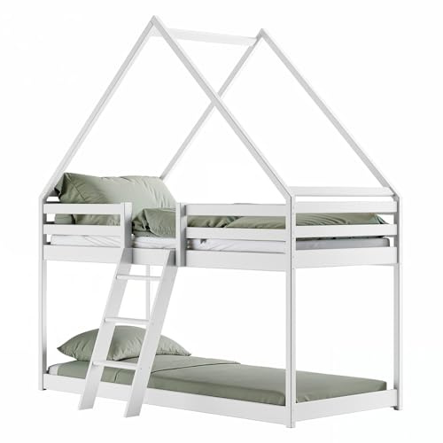 LANO meble Etagenbett für Kinder in Hausform mit Geländer, Sweet 90x200 Weiß, für Geschwister