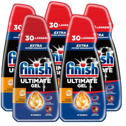 Finish Ultimate Gel Antiodore Detersivo Lavastoviglie Liquido fino a 30 Lavaggi Extra Potere Sgrassante Extra Brillantezza Pulizia Profonda Efficace per Cicli Brevi ed Eco - 5 Flaconi da 540ml