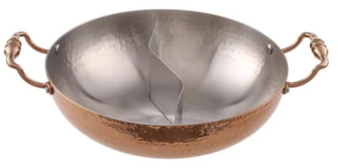 Chosertory Pentola Doppi Scomparti con Separatore Doppio Manici Robusti Superficie Lavorata a Mano Acciaio Resistente Adatta per Pranzi di Famiglia Cucina Ospiti, Copper, 30CM C