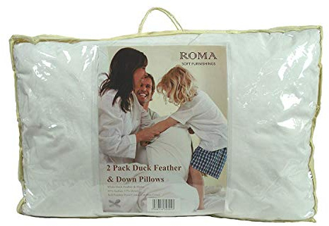ROMA Soft Furnishings White Duck Feather & Down Pillow (85% Duck Feathers & 15% Down) | Soft Pillow for Sleeping | 2 Pillows with Cotton Shell (74cm x 48cm)