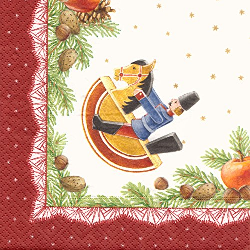 Servietten beige und rot mit Reiterlein und Tannenzweigen, 20 Stück, von DREGENO SEIFFEN – erzgebirgische Weihnachtsdekoration