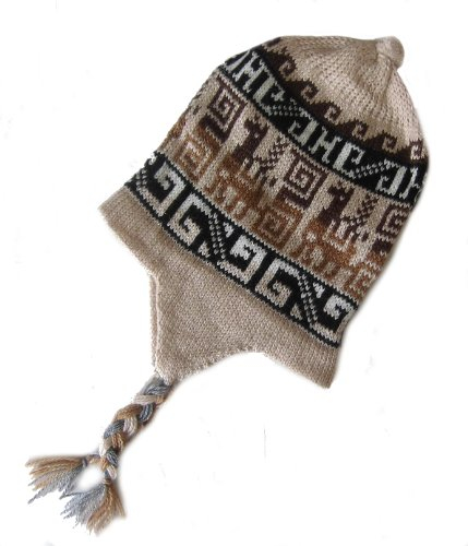 Alpacaandmore Peruanische Unisex beige/braune Chullo Mütze Strickmütze Alpakawolle handgestrickt Inka Design