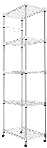 Homdox Scaffale a 5 ripiani in filo di acciaio su ruote, ripiani cromati per garage, cucina, soggiorno, scaffalatura resistente, 58,9 x 35,1 x 182,9 cm (lunghezza x larghezza x altezza)