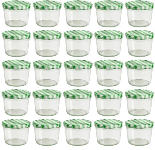 hocz 25x Marmeladengläser 230 ml | mit Deckel Grün Kariert TO 82 | mit Etiketten NZ | Einmachgläser mit Schraubdeckel zum befüllen | Sturzgläser Marmelade Schraubgläser | leere Gläser Set | 25 Stück