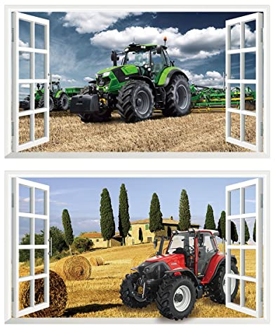 2Pcs Wandtattoo Traktor Trecker 3D Effekt XXL Farm Feld Landwirtschaft Wandaufkleber Fenster Selbstklebend für Junge Kinderzimmer Groß 1000mmx600mm v18