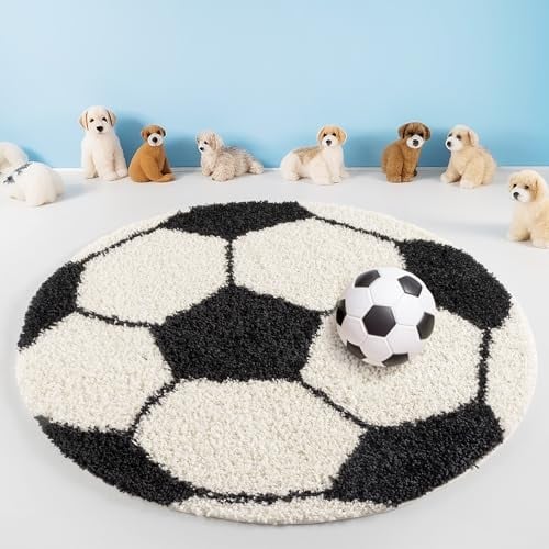 Teppium Kinderteppich Hochflor 120 cm Rund Schwarz - Fussball Teppich für Jungen und Mädchen, Extra Weich, Flauschig und 30 mm Florhöhe - Runder Teppiche fürs Kinderzimmer, Babyzimmer und Spielzimmer