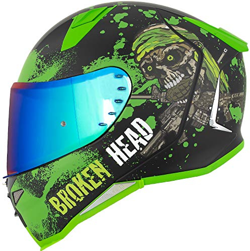 Broken Head Jack S. V2 Pro - Integral-Helm Grün- Sport-Motorrad-Helm Mit 2 Visieren (Klares + Gratis Grün Verspiegeltes Visier) - Größe S (55-56 cm)