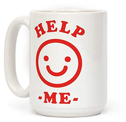 LookHUMAN Help Me Smily Face White 15 Ounce Ceramic Coffee Mug