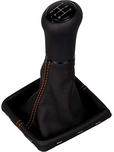 ICT Schaltknauf Schaltsack Schaltmanschette kompatibel mit Ford Focus MK2 (04–08), MK2 Facelift 08–11 Leder, Naht orange, 5 gang (LED blau)