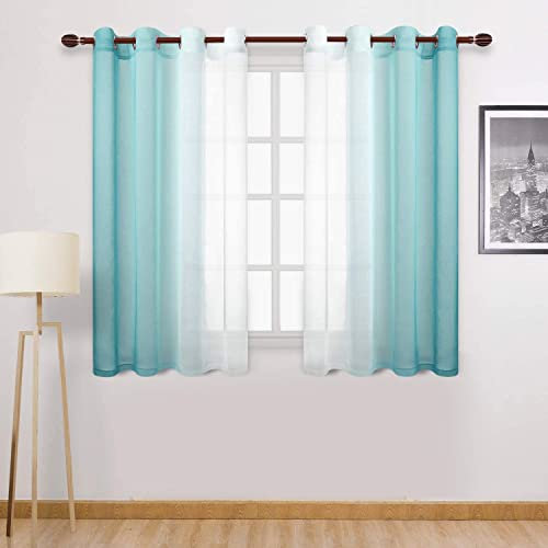 DWCN Durchsichtige Vorhänge aus Kunstleinen, Ombre-Optik, halb-Voile, Farbverlauf, für Schlafzimmer und Wohnzimmer, 2 Stück, 132 x 160 cm Länge, Blaugrün