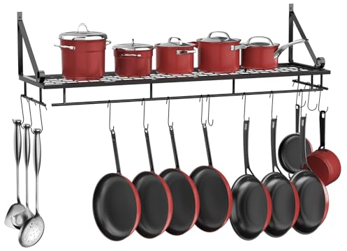 XEMQENER Wall Hanging Pan Pot Rack with 10pcs Removable Hooks, Wall Shelf with Towel Bar, Kitchen Bathroom Utensils Organizer, Hanging Shelving (90 * 24 * 25cm)
