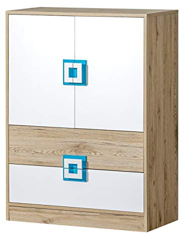 Furniture24 Kommode NICO 09, Schrank, Mehrzweckschrank, Highboard mit 2 Türen und 2 Schubkasten (Hell Eiche/Weiß/Türkis)