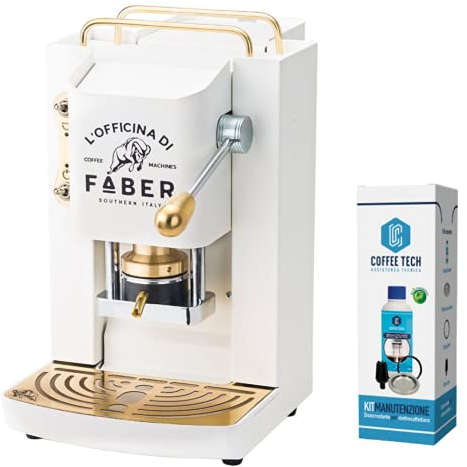 emozioni quotidiane Macchina caffè Faber PRO Deluxe con Rifiniture in Ottone a Cialde in Carta Ese 44 mm + Kit Manutenzione Decalcificante +20 Cialde Caffe Omaggio, 1.3 lt (Bianco)