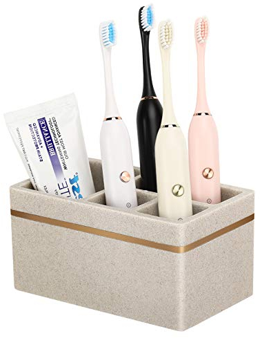 Shinowa Portacepillos de Dientes Organizador para Cepillo de Dientes Eléctrico con 5 Compartimentos, Soporte de Cepillo de Resina con Orificio de Drenaje para Lavabo, Inodoro, Tocador - Caqui Grava