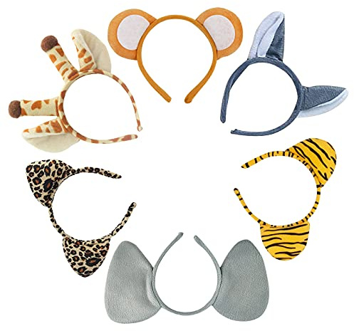 Flying Childhood 6 Pcs Animal Ears Headbands Jungle Animal Safari Headbands Wild One Birthday Decorations Safari Party Favors Photo Booth Props Party Supplies Jungle Theme Decorations