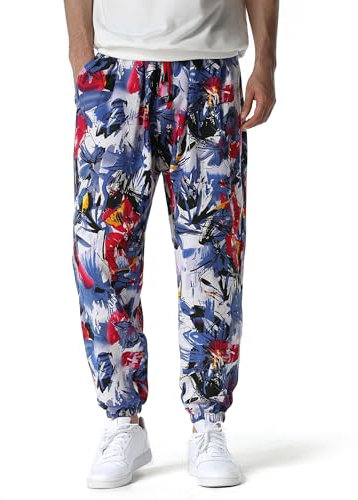 MakingDa Herren-Jogginghose aus Baumwolle mit elastischem Bund, Paisley bedruckter, Hippie-Stil Weite Beinhose, Lockere Passform, bequem für Strand, Spazierengehen, Laufen und Joggen-3-L-X
