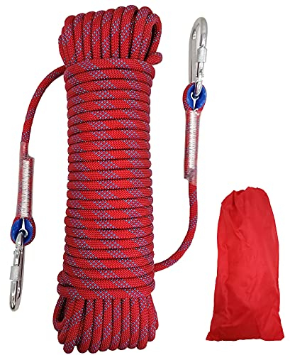 Climbing Rope, 10mm Outdoor Static Rock Climbing Cord, High Strength Safety Nylon Rope 2 Carabiner, for Escape, Fire Rescue, Camping, Dockside Mooring, Fixing, Red Length 30m