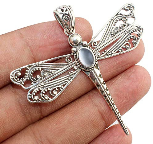 Handgemachte massive 925 Sterling Silber Libelle Anhänger Halskette, Memorial Andenken Aquamarin Anhänger für Frauen & Mädchen, Kreativer Böhmischer Schmuck Ethnischer Vintage Anhänger (ohne Kugel)